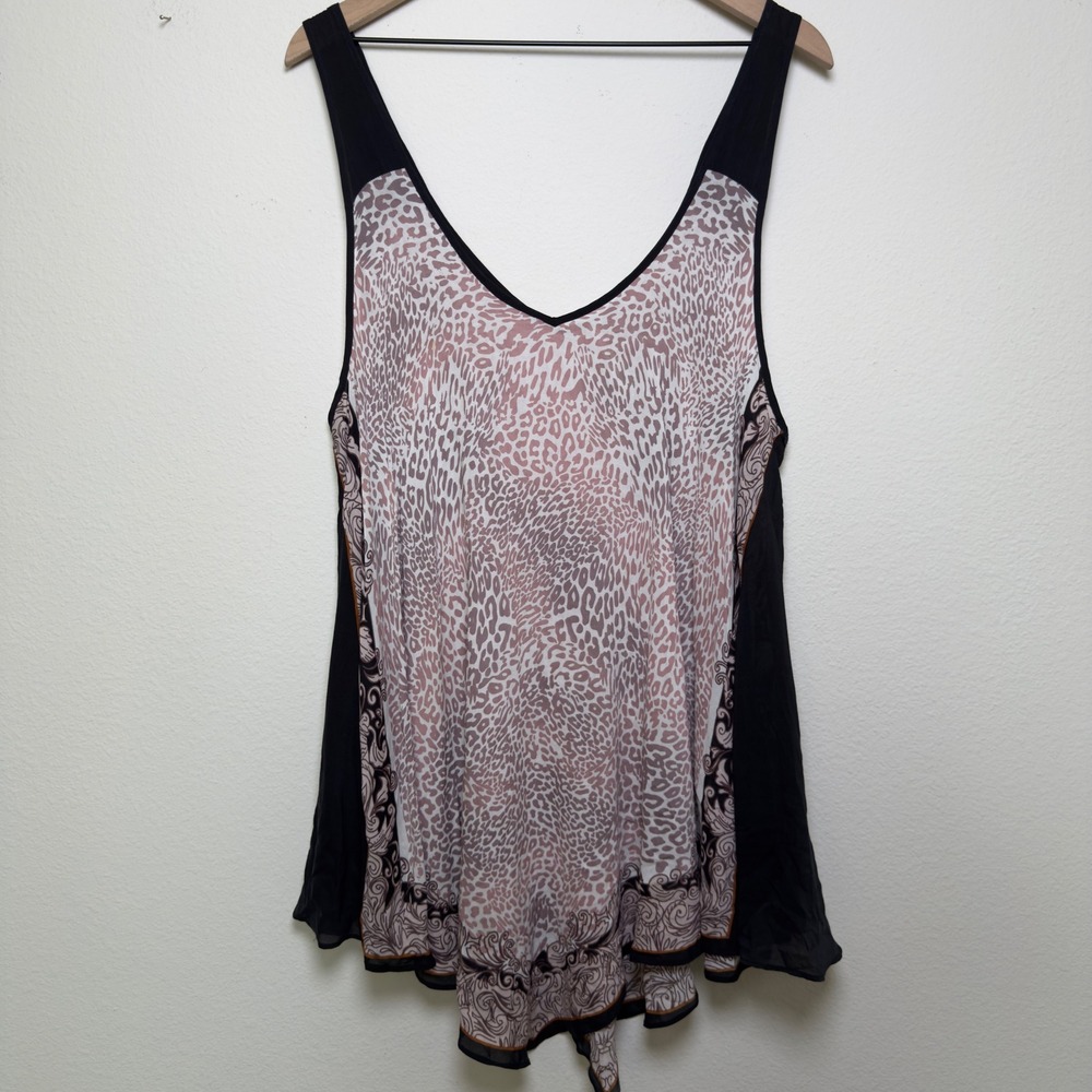 Free People Women Chemise Tank Top XS/S Black‎ Leopard Indie Festival Oversized